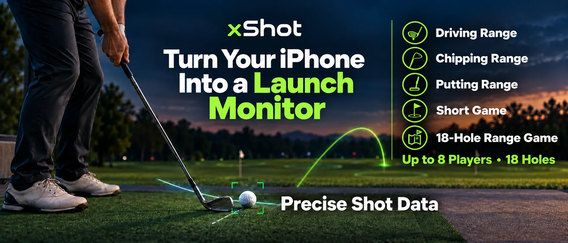 xShot turns an iPhone into a golf launch monitor with Driving Range, Chipping Range, Putting Range, Short Game and an 18-Hole Range Game for up to eight players